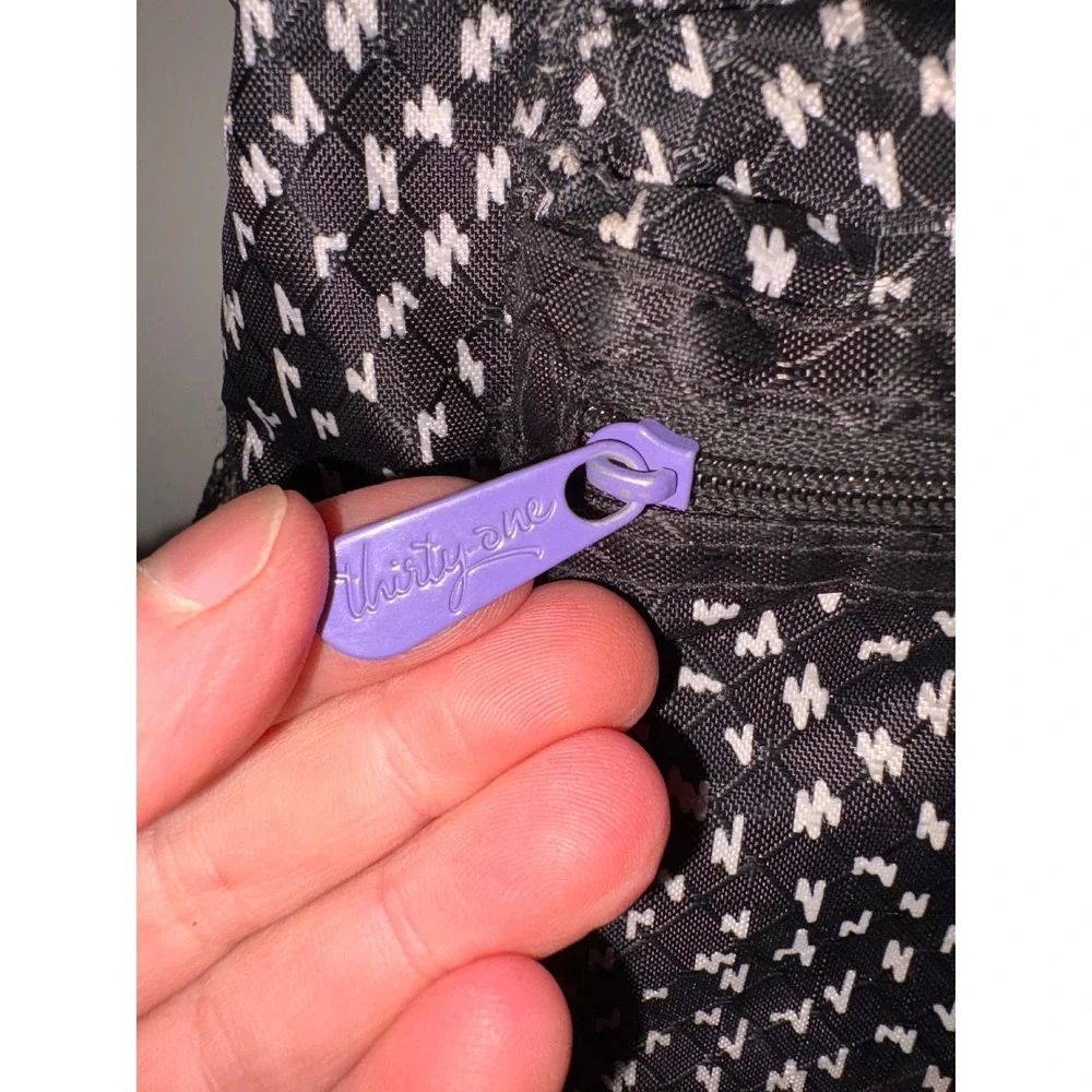 Thirty One‎ Backpack Black White Geometric Print Purple Zipper Mesh Pockets